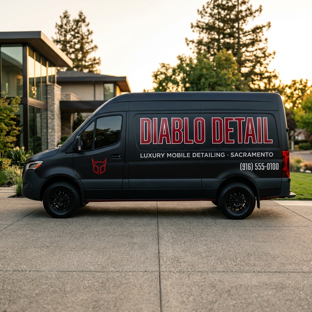 Diablo Detail Mercedes-Benz Sprinter — matte black with red branding, parked at a luxury San Jose estate