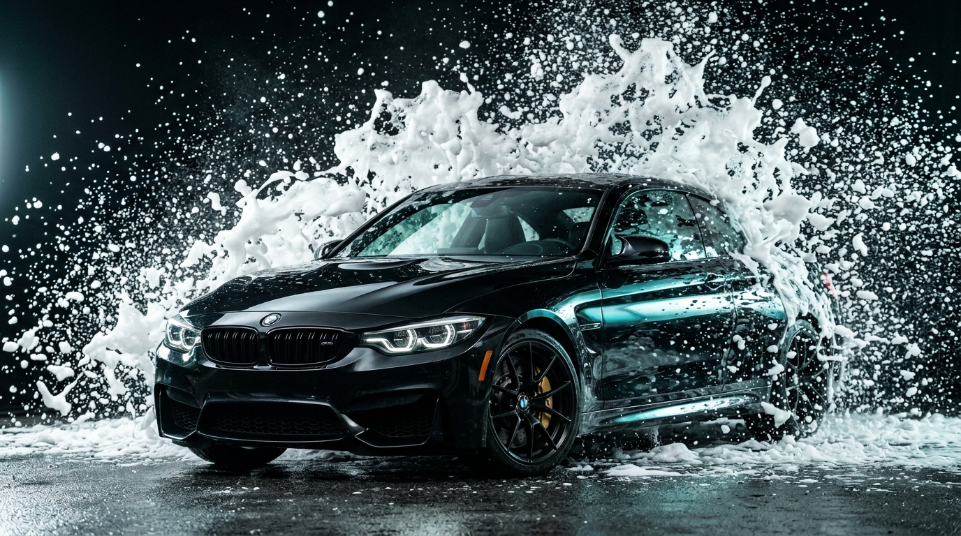 Black luxury performance coupe erupting through soap suds and water