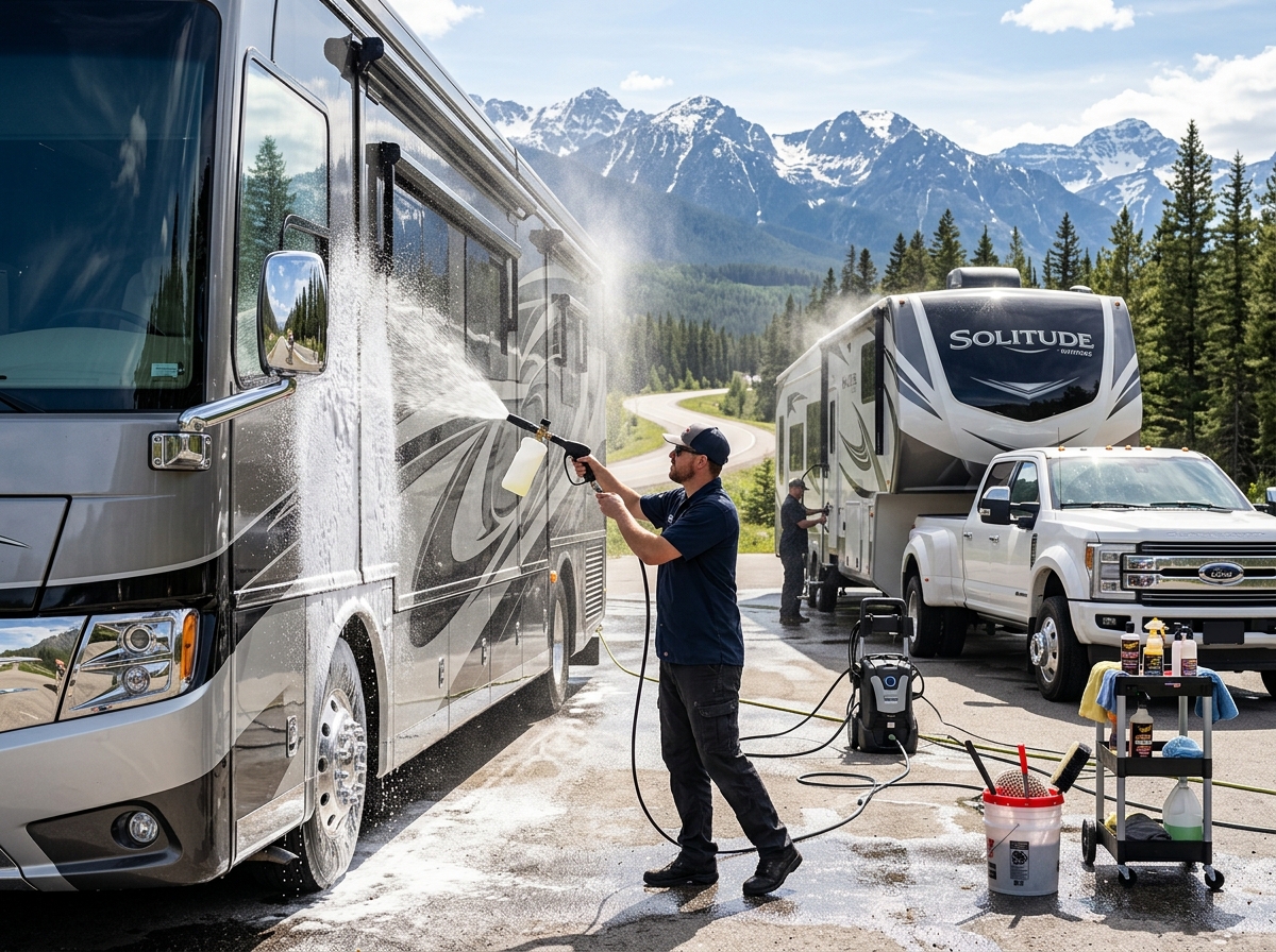 Class-A RV and fifth-wheel being detailed