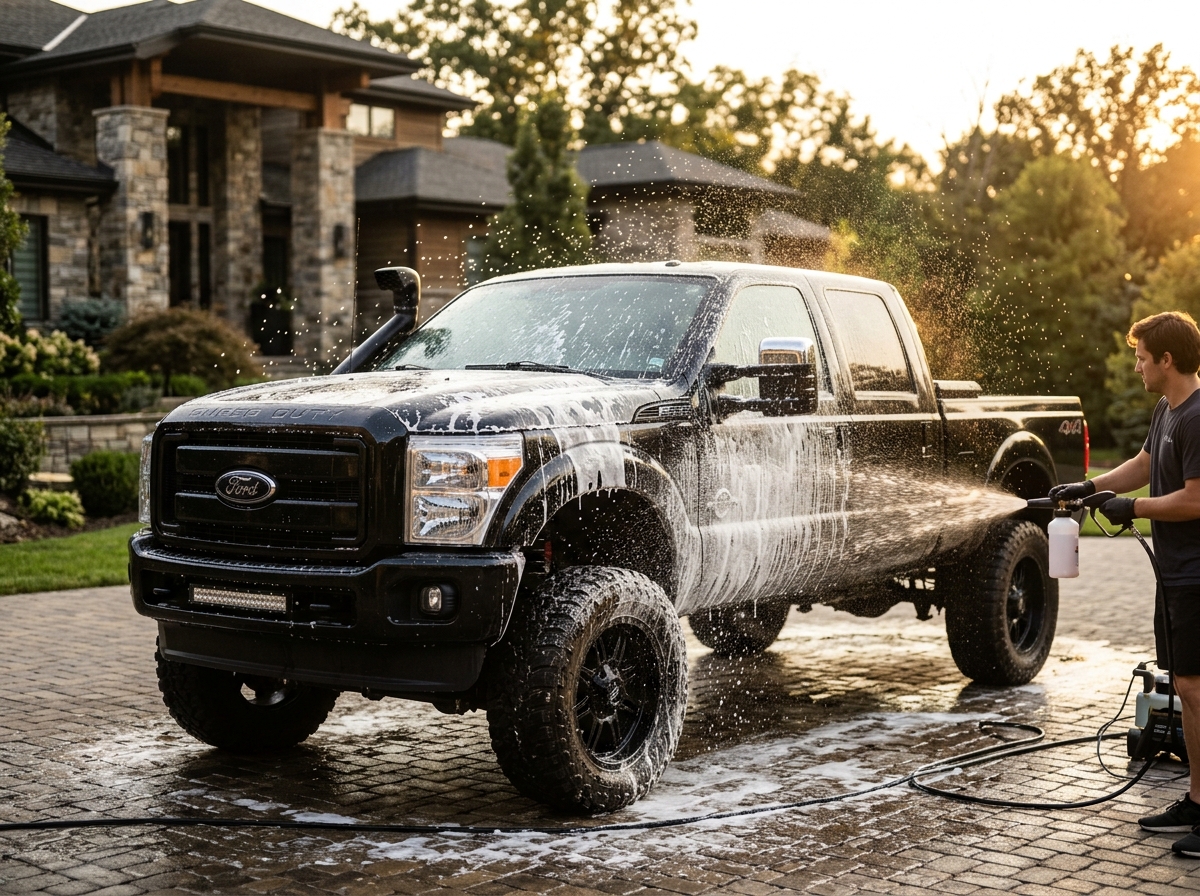 Lifted Ford F-250 Super Duty being hand-washed