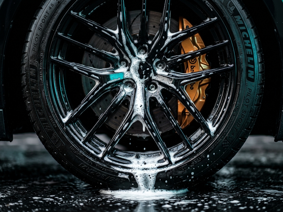 Foam cascading down a black luxury alloy wheel with bronze brake caliper